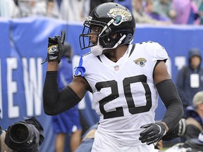 Jacksonville Jaguars cornerback Jalen Ramsey (20) gestures to New York Giants' Odell Beckham Sunday, Sept. 9, 2018, in East Rutherford, N.J. (AP Photo/Bill Kostroun)