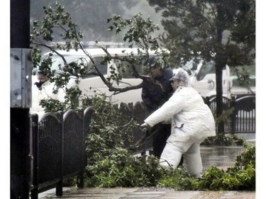 Police officers attempt to remove fallen trees following a powerful typhoon in Osaka, western Japan, Tuesday, Sept. 4, 2018.