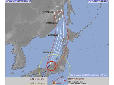 This graphic from website of Japan Meteorological Agency, the forecast track of of Typhoon Jebi Tuesday Sept. 4, 2018.