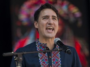 Prime Minister Justin Trudeau gives remarks at the Bloor West Village Toronto Ukrainian Festival in Toronto, on Saturday, Sept. 15, 2018.