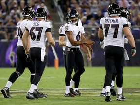 Ravens kicker Kaare Vedvik (6) celebrates after kicking a field goal against the Redskins during preseason action at M&T Bank Stadium in Baltimore on Aug. 30, 2018.
