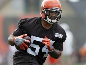 In this Friday, July 27, 2018, file photo, Cleveland Browns offensive lineman Mychal Kendricks during NFL football training camp, in Berea, Ohio. (AP Photo/Tony Dejak, File)