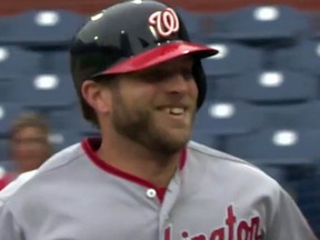 Nationals' catcher Spencer Kieboom flashes a gap-toothed smile after homering against the Phillies. (Screen grab)