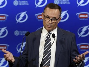 In this Feb. 26, 2018, file photo, Tampa Bay Lightning general manager Steve Yzerman gestures during a news conference before an NHL hockey game against the Toronto Maple Leafs, in Tampa, Fla.