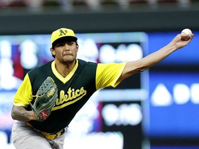 Oakland Athletics pitcher Sean Manaea throws to a Minnesota Twins batter Friday, Aug. 24, 2018 in Minneapolis. (AP Photo/Andy Clayton-King)