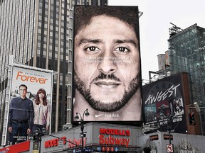 A Nike ad featuring quarterback Colin Kaepernick is on display September 8, 2018 in New York City. (ANGELA WEISS/AFP/Getty Images)