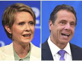 FILE - In this combination of file photos, New York gubernatorial candidate Cynthia Nixon, left, speaks during a Democratic primary debate in Hempstead, N.Y., on Aug. 29, 2018, and Gov. Andrew Cuomo speaks at a press conference in New York on July 18, 2018. Democratic primary voters in New York on Thursday, Sept. 13 will settle the primary battle between two-term Cuomo and liberal challenger Nixon. (J. Conrad Williams Jr./Newsday Pool, and Evan Agostini/Invision, File)