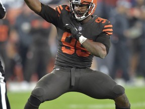 Cleveland Browns defensive end Myles Garrett celebrates a sack during the first half of an NFL football game against the New York Jets, Thursday, Sept. 20, 2018, in Cleveland.