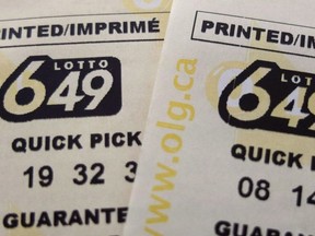 An Ontario woman is suing her former common-law partner for allegedly denying that the couple had won $6 million in a provincial lottery before claiming the full prize for himself. A pair of Lotto 649 tickets are pictured in Toronto on October 17, 2015. THE CANADIAN PRESS/Richard Plume ORG XMIT: CPT113