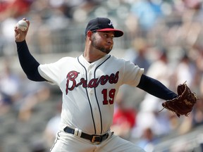 Atlanta Braves starting pitcher Anibal Sanchez works against the Philadelphia Phillies in the first inning of a baseball game Sunday, Sept. 23, 2018, in Atlanta.