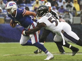 In this Sept. 9, 2018, file photo, Baltimore Ravens linebacker Terrell Suggs (55) sacks Buffalo Bills quarterback Nathan Peterman (2) during the first half of an NFL football game, in Baltimore. Suggs and the Ravens take on the Pittsburgh Steelers on Sunday, Sept. 30.
