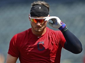 Cleveland Indians' Josh Donaldson exits the batting cage during batting practice before a baseball game against the Tampa Bay Rays, Sunday, Sept. 2, 2018, in Cleveland. (AP Photo/David Dermer)