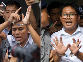 In this combination image made from two photos, Reuters journalists Kyaw Soe Oo, left, and  Wa Lone, are handcuffed as they are escorted by police out of the court Monday, Sept. 3, 2018, in Yangon, Myanmar.