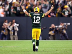 Aaron Rodgers of the Green Bay Packers reacts after throwing a touchdown pass to Randall Cobb during against the Chicago Bears at Lambeau Field on September 9, 2018 in Green Bay, Wisconsin. (Dylan Buell/Getty Images)