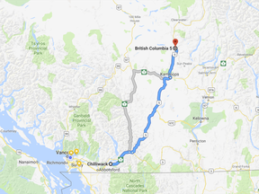 The search is centred on the Highway 5 corridor between Chilliwack and Valemont, B.C.
