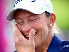 Angela Stanford of the United States reacts to winning the Evian Championship during Day Four of The Evian Championship 2018 at Evian Resort Golf Club on Sept. 16, 2018 in Evian-les-Bains, France.