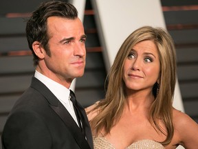 Justin Theroux and Jennifer Aniston are seen in a 2015 file photo.