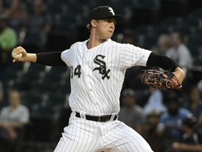 Chicago White Sox starting pitcher Michael Kopech (34) throws against the Detroit Tigers during the first inning of a baseball game, Wednesday, Sept. 5, 2018, in Chicago.