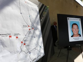 A map, left marks where a series of rapes in Northern California occurred starting in 1991, is displayed during a news conference Friday, Sept. 21, 2018, in Sacramento, Calif. Suspect Roy Charles Waller, 58, seen in photo at right, was taken into custody in Berkeley by Sacramento Police, Wednesday Sept. 20, 2018, and faces multiple counts of rape.