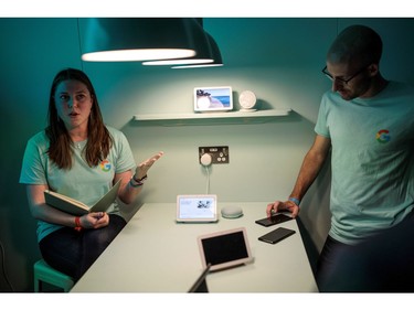 Google staff display the new Google Home Hub at a Google hardware launch event at The Yard on Oct. 9, 2018 in London, England.