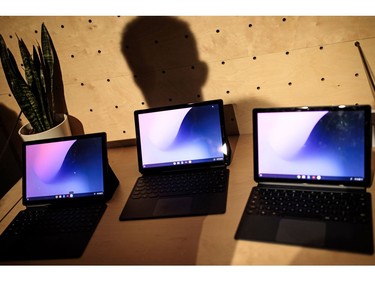 Google Pixel Slate tablets sit on display at a Google hardware launch event at The Yard on Oct. 9, 2018 in London, England.