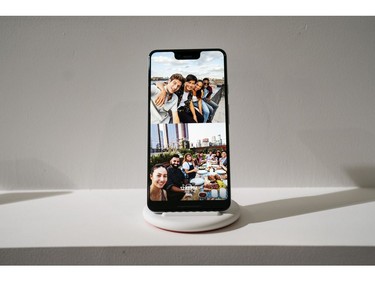 The new Google Pixel 3 XL smartphone is displayed during a Google product release event, Oct. 9, 2018 in New York City.