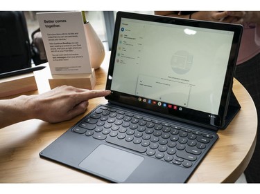 The new Pixel Slate tablet is displayed during a Google product release event, Oct. 9, 2018 in New York City.