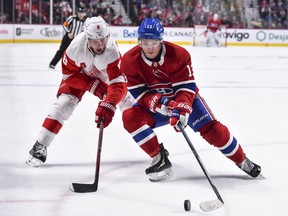 Canadiens' Max Domi skates past Wings' Justin Abdelkader earlier this season. "These guys have all welcomed me with open arms," Domi says of his new Habs teammates, "and I’m thankful for the group we have here."