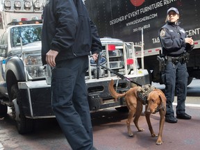 Emergency service personnel with a bomb sniffing dog work outside the building that houses New York Governor Andrew Cuomo's office after a report of a suspicious package, Wednesday, Oct. 24, 2018, in New York. The U.S. Secret Service said Wednesday that it intercepted a bomb that was addressed to former Secretary of State Hillary Clinton and also discovered a possible explosive sent to former President Barack Obama. (AP Photo/Mary Altaffer)