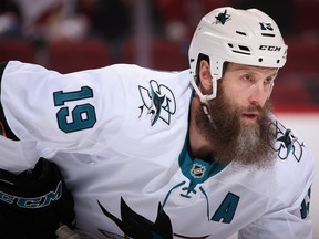 Joe Thornton #19 of the San Jose Sharks awaits a face off during the first period of the NHL game against the Arizona Coyotes at Gila River Arena on January 16, 2018 in Glendale, Arizona.