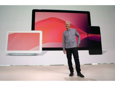 Rick Osterloh, Google's senior vice-president of hardware in front of the the Pixel Slate and other new products including the Pixel 3 phone and Home Hub during the  official launch of the new Google Pixel 3 and 3 XL phone at a press conference in New York on Oct. 9, 2018.