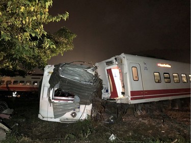 This handout photo made available by the Taiwan Railway Administration on Oct. 21 2018, shows the scene after the Puyuma Express train derailed near Xinma station in Taiwan's northeastern Yilan county.