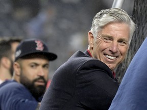 Boston Red Sox president of baseball operations Dave Dombrowski watches batting practice before Game 3 of baseball's American League Division Series against the New York Yankees, Monday, Oct. 8, 2018, in New York. (AP Photo/Bill Kostroun) ORG XMIT: NYJJ119
