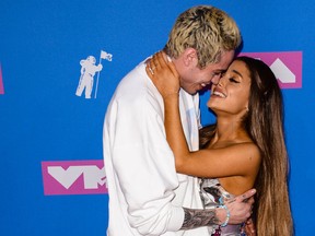 Pete Davidson and Ariana Grande are pictured at the 2018 MTV Video Music Awards, August 20, 2018. (Patricia Schlein/WENN.com)