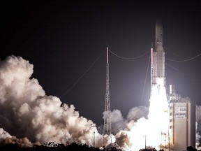 An Ariane 5 lifts off form its launchpad in Kourou, at the European Space Center in French Guiana, on Oct. 19, 2018.