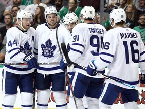 From left to right: Morgan Rielly, Auston Matthews, Nazem Kadri, John Tavares and Mitchell Marner of the Toronto Maple Leafs celebrate the second goal of the game by Matthews against the Dallas Stars in the second period at American Airlines Center on Oct. 9, 2018 in Dallas, Texas. (Ronald Martinez/Getty Images)