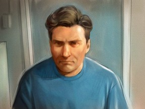 Paul Bernardo is shown in this courtroom sketch during Ontario court proceedings via video link in Napanee, Ont., on October 5, 2018.(Greg Banning/Canadian Press)