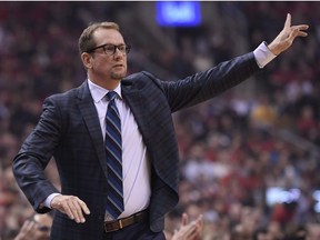 Toronto Raptors head coach Nick Nurse looks on as his team plays the Cleveland Cavaliers in first half NBA basketball action in Toronto on Wednesday, October 17, 2018.