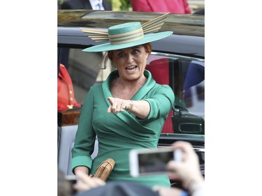 Sarah Ferguson arrives for the wedding of Princess Eugenie of York and Jack Brooksbank at St George's Chapel, Windsor Castle, near London, England, Friday Oct. 12, 2018. (Steve Parsons/Pool via AP) ORG XMIT: RWW140