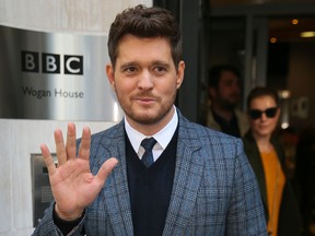 Singer Michael Buble is seen in London after doing an interview on the Chris Evans BBC Radio 2 Breakfast Show, Sept. 28, 2018. (WENN.com)