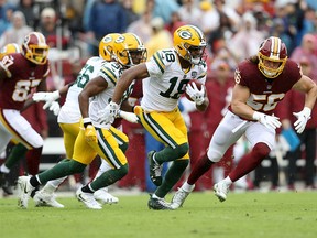 Randall Cobb of the Green Bay Packers runs with the ball in the first half against the Washington Redskins at FedExField on Sept. 23, 2018 in Landover, Md.