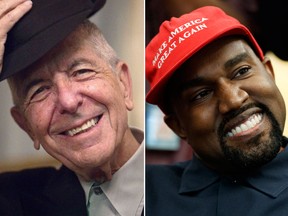 This file photo taken on January 16, 2012 shows Canadian singer and poet Leonard Cohen, left, and rapper Kanye West  (JOEL SAGET/AFP/Getty Images and AP Photo/Evan Vucci)