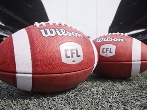New CFL balls are photographed at the Winnipeg Blue Bombers stadium in Winnipeg Thursday, May 24, 2018.
