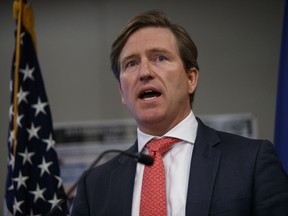 Christopher Krebs, undersecretary of the Department of Homeland Security's National Protection and Programs Directorate, speaks during a news conference on election cyber security, Friday, Oct. 19, 2018, in Arlington, Va.