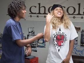 This image released by A24 Films shows Na-kel Smith, left, and Olan Prenatt in a scene from "Mid90s."
