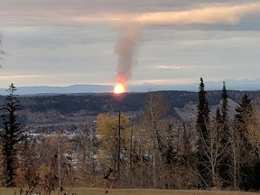 A pipeline has ruptured and sparked a massive fire north of Prince George, B.C. is shown in this photo provided by Dhruv Desai. (THE CANADIAN PRESS/HO-Dhruv Desai)