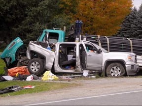 Four men in this silver pickup truck were injured – one seriously – in a five-vehicle crash on Highway 24 northwest of Waterford Thursday morning.
