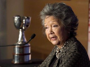 Former governor general Adrienne Clarkson speaks as she donates the Clarkson Cup to the Hockey Hall of Fame in Toronto on Thursday March 7, 2013. (THE CANADIAN PRESS/Frank Gunn)