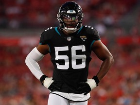 In this Thursday, Aug. 30, 2018 file photo, Jacksonville Jaguars defensive end Dante Fowler (56) during the first half of an NFL preseason football game against the Tampa Bay Buccaneers in Tampa, Fla.