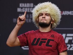 UFC lightweight champion Khabib Nurmagomedov poses during a ceremonial weigh-in for UFC 229 at T-Mobile Arena on Oct. 5, 2018 in Las Vegas, Nevada. (Ethan Miller/Getty Images)